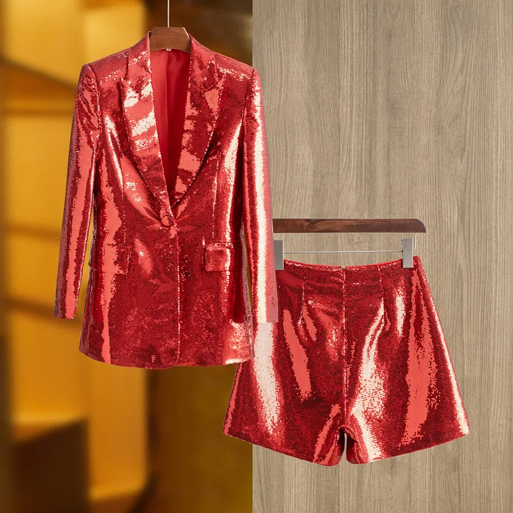 Christmas Red Sequins Two-Piece Suit Top & Shorts