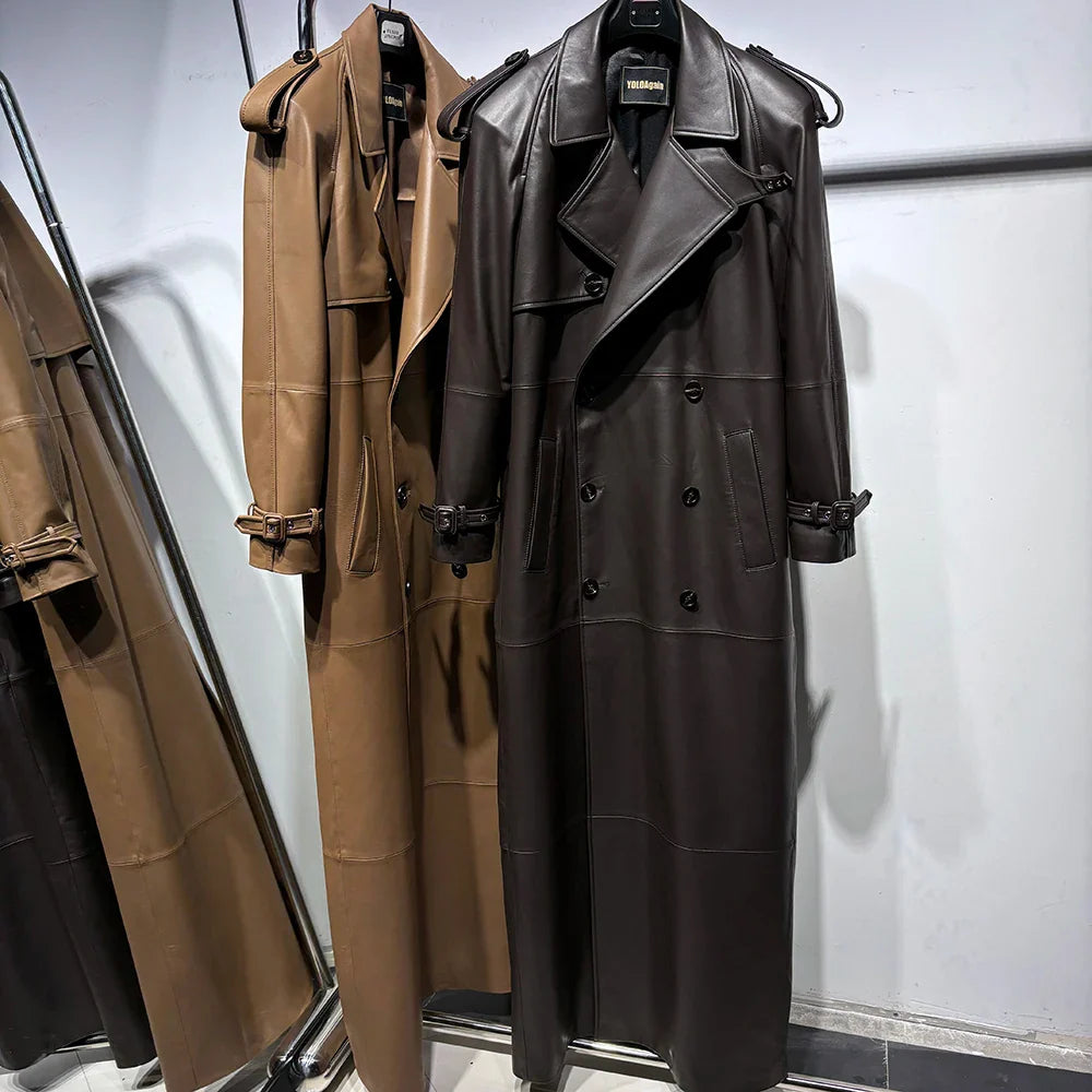 Long Real Leather Trench Coat for Women - Double Breasted Suede