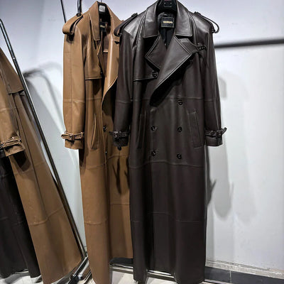Long Real Leather Trench Coat for Women - Double Breasted Suede