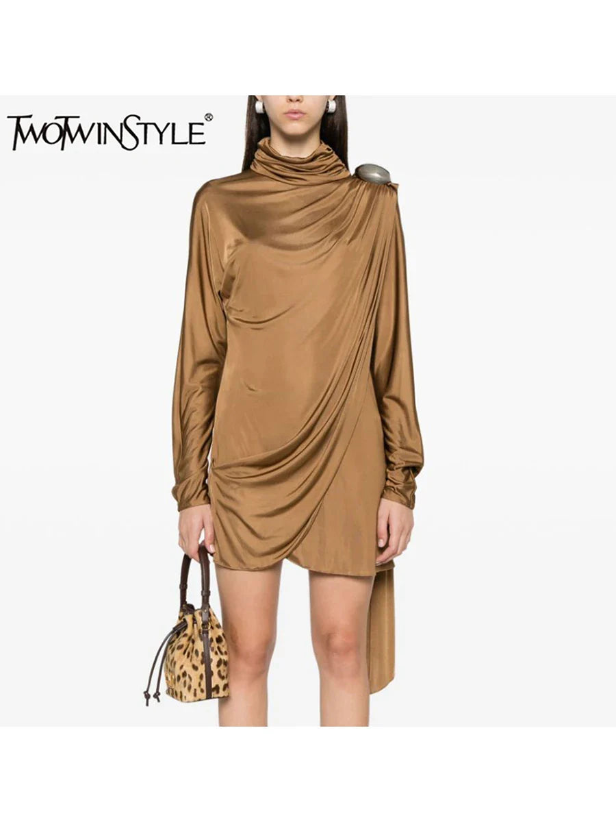 Solid Patchwork Ruffles Mini Dress for Women, Stand Collar, Asymmetrical Slimming Design
