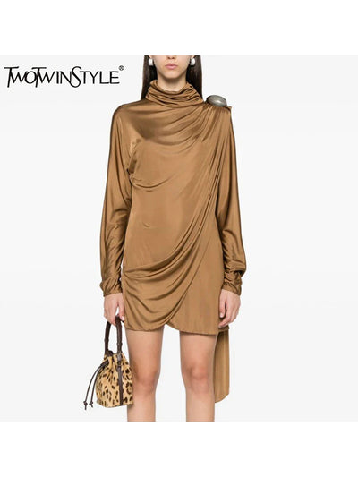 Solid Patchwork Ruffles Mini Dress for Women, Stand Collar, Asymmetrical Slimming Design
