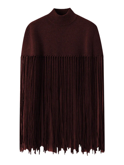 Solid Fringe Knitted Pullover Cloak for Women | Turtleneck Sleeveless Pullover