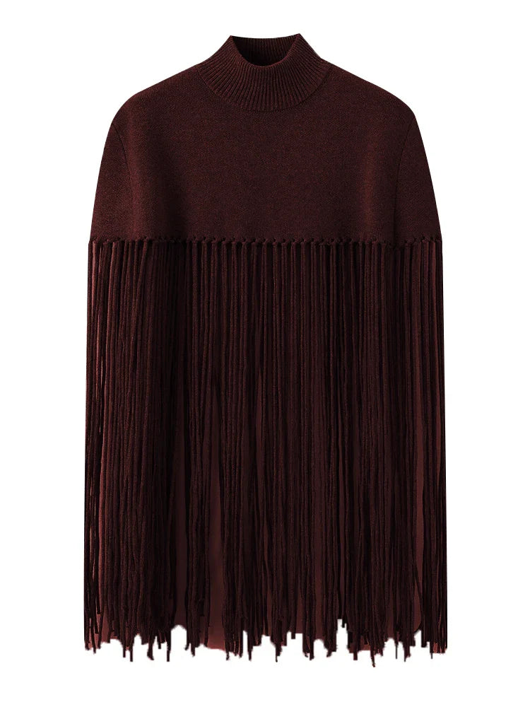 Solid Fringe Knitted Pullover Cloak for Women | Turtleneck Sleeveless Pullover