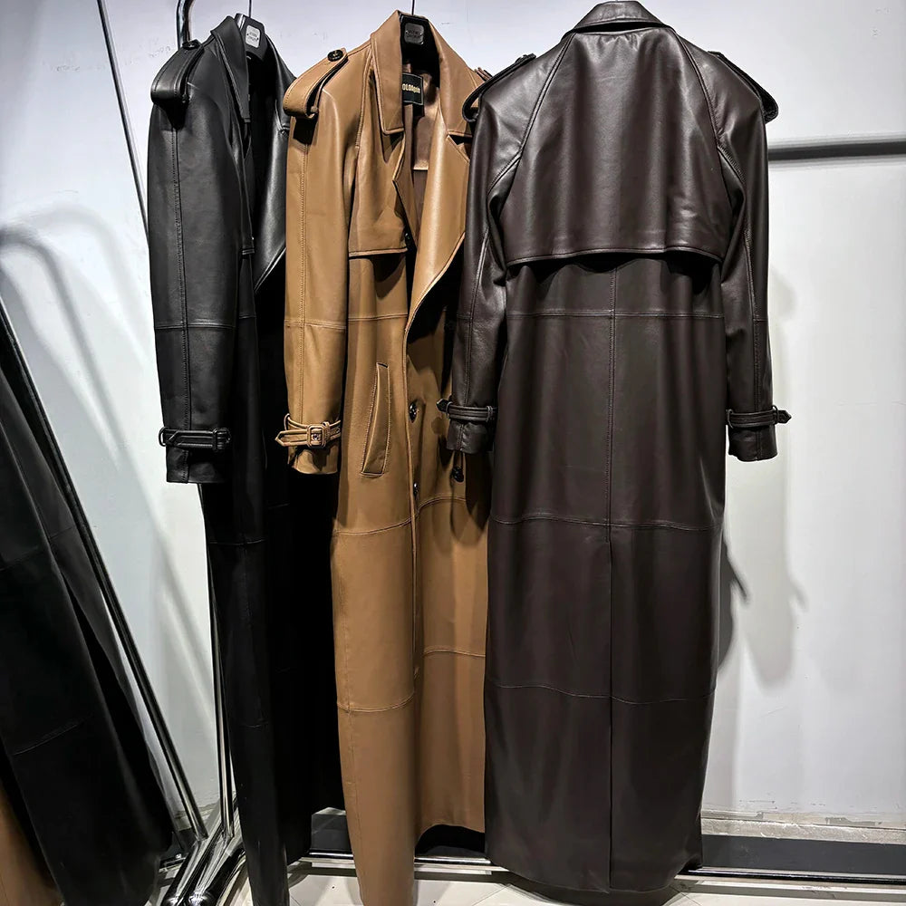 Long Real Leather Trench Coat for Women - Double Breasted Suede