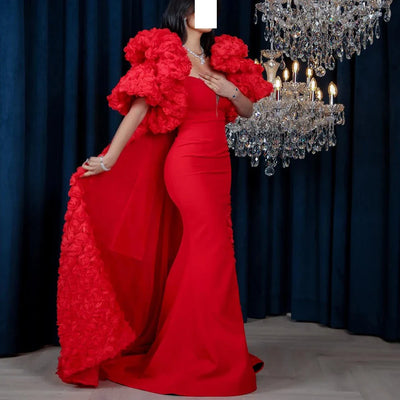 Luxury 3D Flower V-Neck Evening Dress with Sweep Train | Custom Size Available