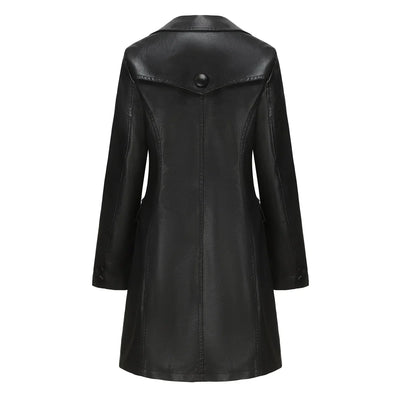 Red PU Leather Waist Lace-Up Long Jacket - Women's Fashion Overcoat