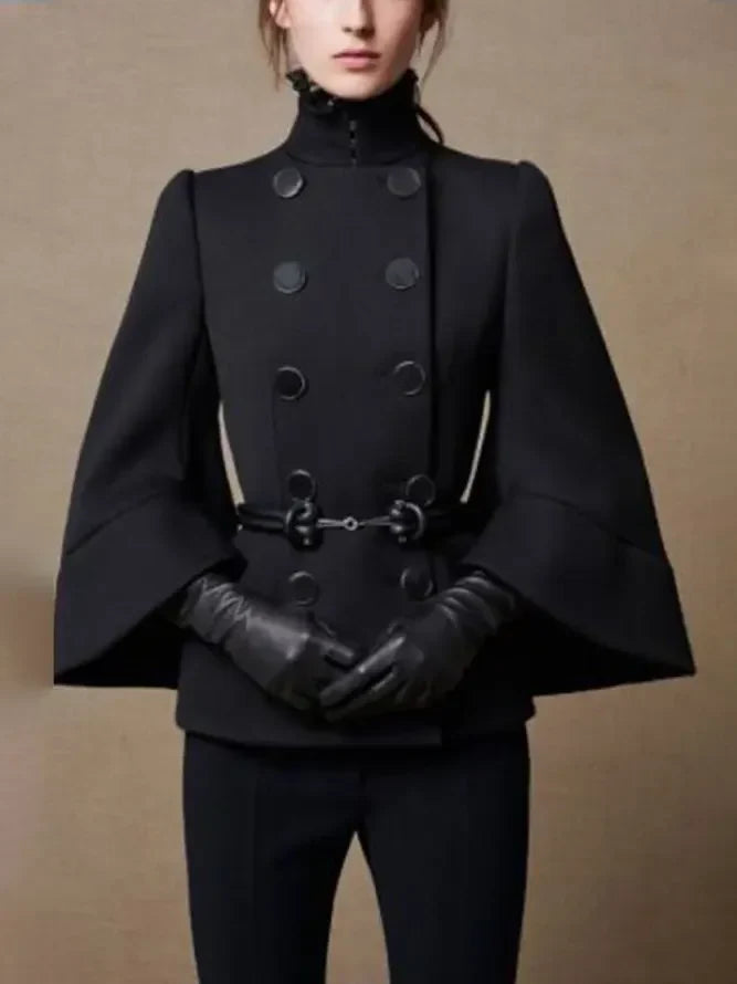 Women's Black High-Neck Buttoned Jacket with Flared Sleeves
