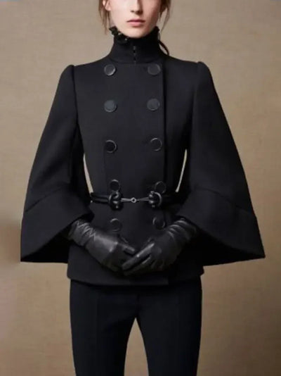 Women's Black High-Neck Buttoned Jacket with Flared Sleeves