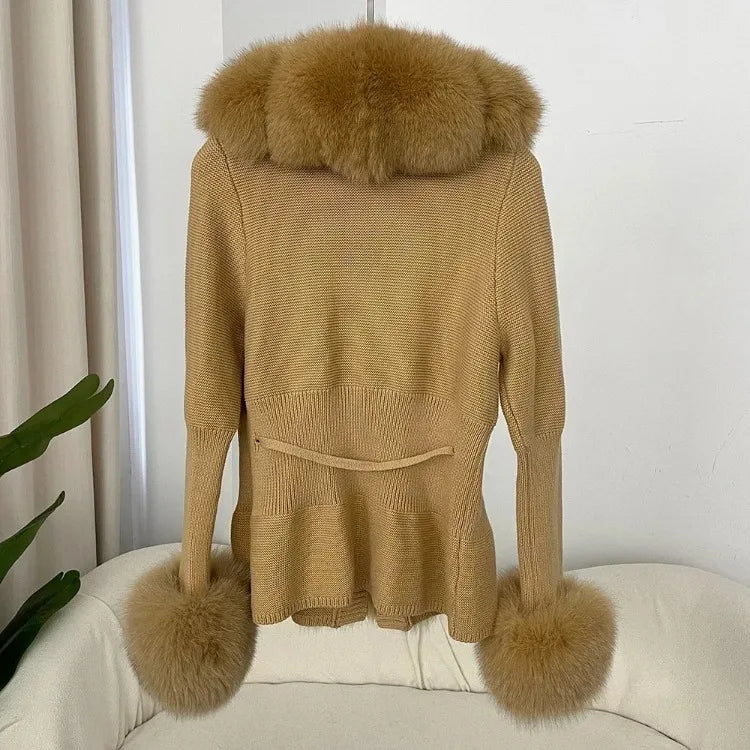 Women's Luxury Fur Coat with Detachable Fox Fur Collar - Autumn/Winter