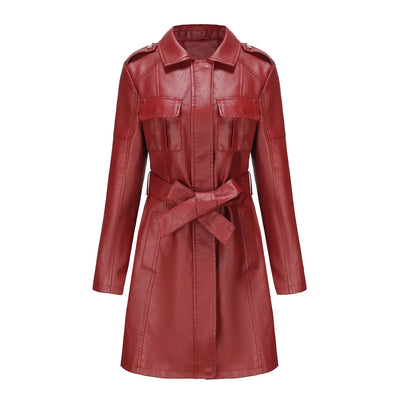 Red PU Leather Waist Lace-Up Long Jacket - Women's Fashion Overcoat