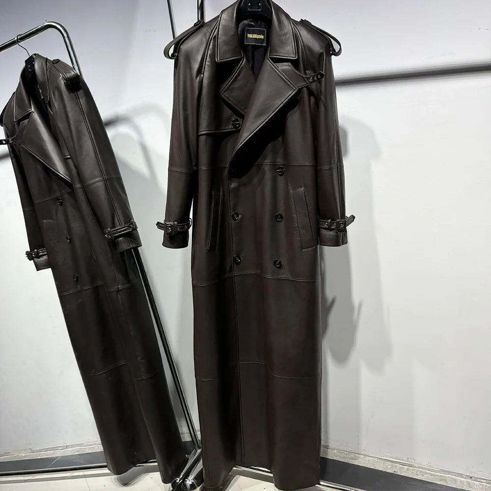 Long Real Leather Trench Coat for Women - Double Breasted Suede