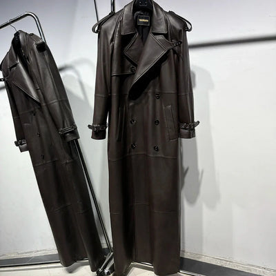 Long Real Leather Trench Coat for Women - Double Breasted Suede