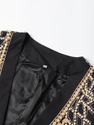 High Street Women's Blazer - V Neck, Long Sleeve, Embroidered Flares, Colorblock Design