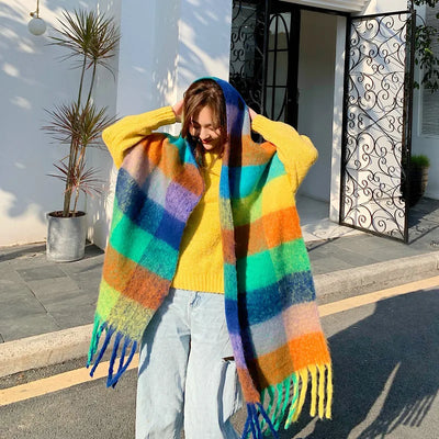 Luxury Rainbow Stripe Wool Scarf | Winter Warm Tassel Shawl Wrap