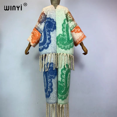 Winter Coat for Women - Luxury Cashew Print Long Overcoat with Tassels