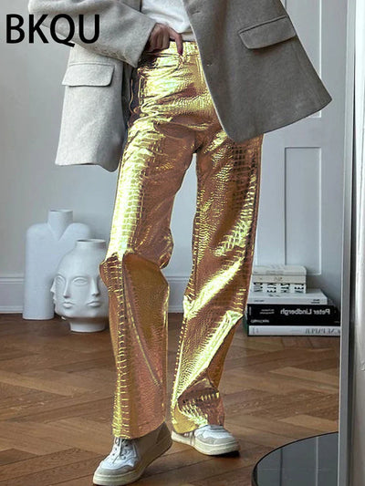 High Waisted Baggy PU Pants | Silver & Gold Loose Trousers