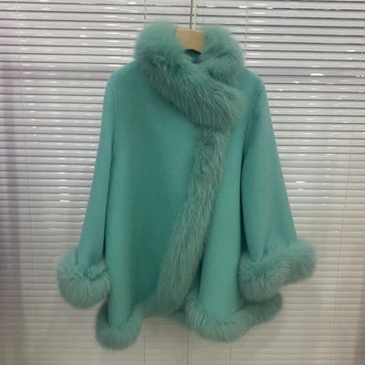 Women's Winter Real Fur Coat with Natural Fox Fur Collar and Wool Blend