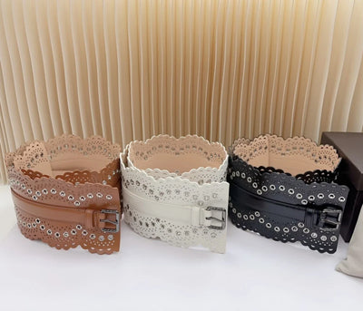 12 CM Wide Hollow Pattern Pin Buckle Waist Belt - Handmade Luxury Accessory