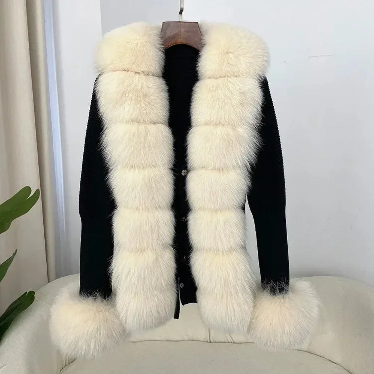 Women's Luxury Fur Coat with Detachable Fox Fur Collar - Autumn/Winter
