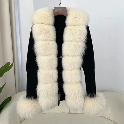 Women's Luxury Fur Coat with Detachable Fox Fur Collar - Autumn/Winter