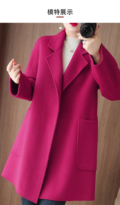 Women Double-Sided Woolen Cashmere Coat with Belt