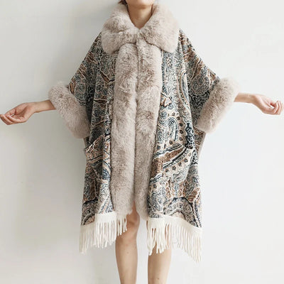 Soft Warm Wool Blend Cape Coat with Faux Fur and Tassels for Women