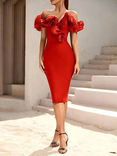 Women's Multi-Color One-Shoulder Lace Bandage Dress - Mid-Calf Cocktail Party