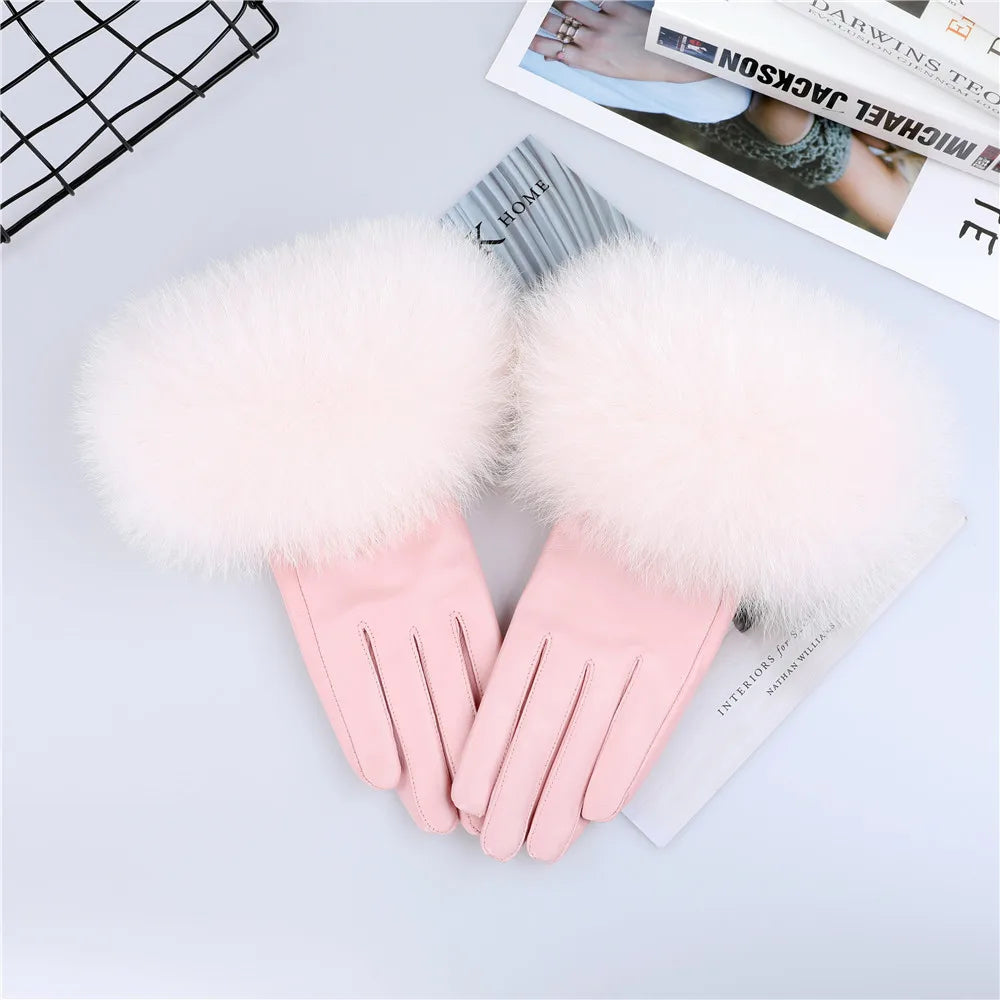 Sheepskin Leather Gloves with Fox Fur Trim – Women's Winter Mittens