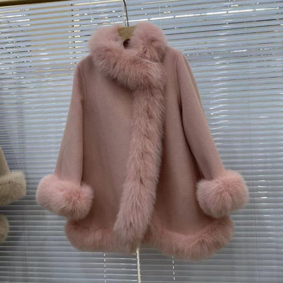 Women's Winter Real Fur Coat with Natural Fox Fur Collar and Wool Blend