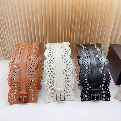 12 CM Wide Hollow Pattern Pin Buckle Waist Belt - Handmade Luxury Accessory