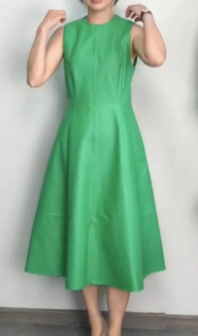 Leather Midi Dress - Sleeveless Pleated Skirt