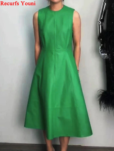 Leather Midi Dress - Sleeveless Pleated Skirt