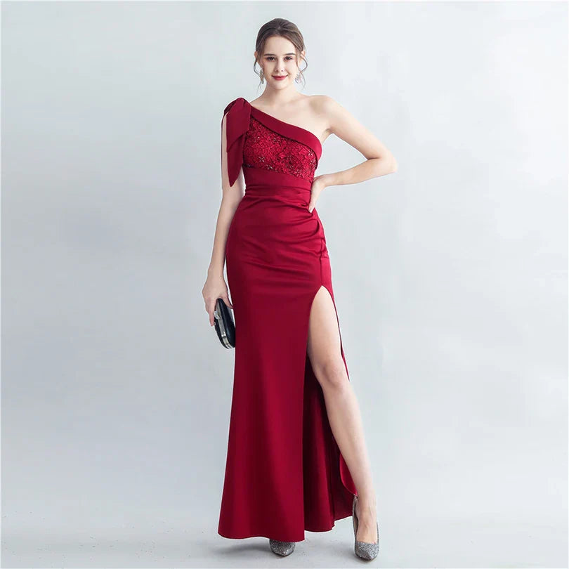 Candy Color Satin One-Shoulder Evening Dress with Slit and Appliques
