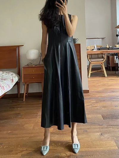 Leather Midi Dress - Sleeveless Pleated Skirt