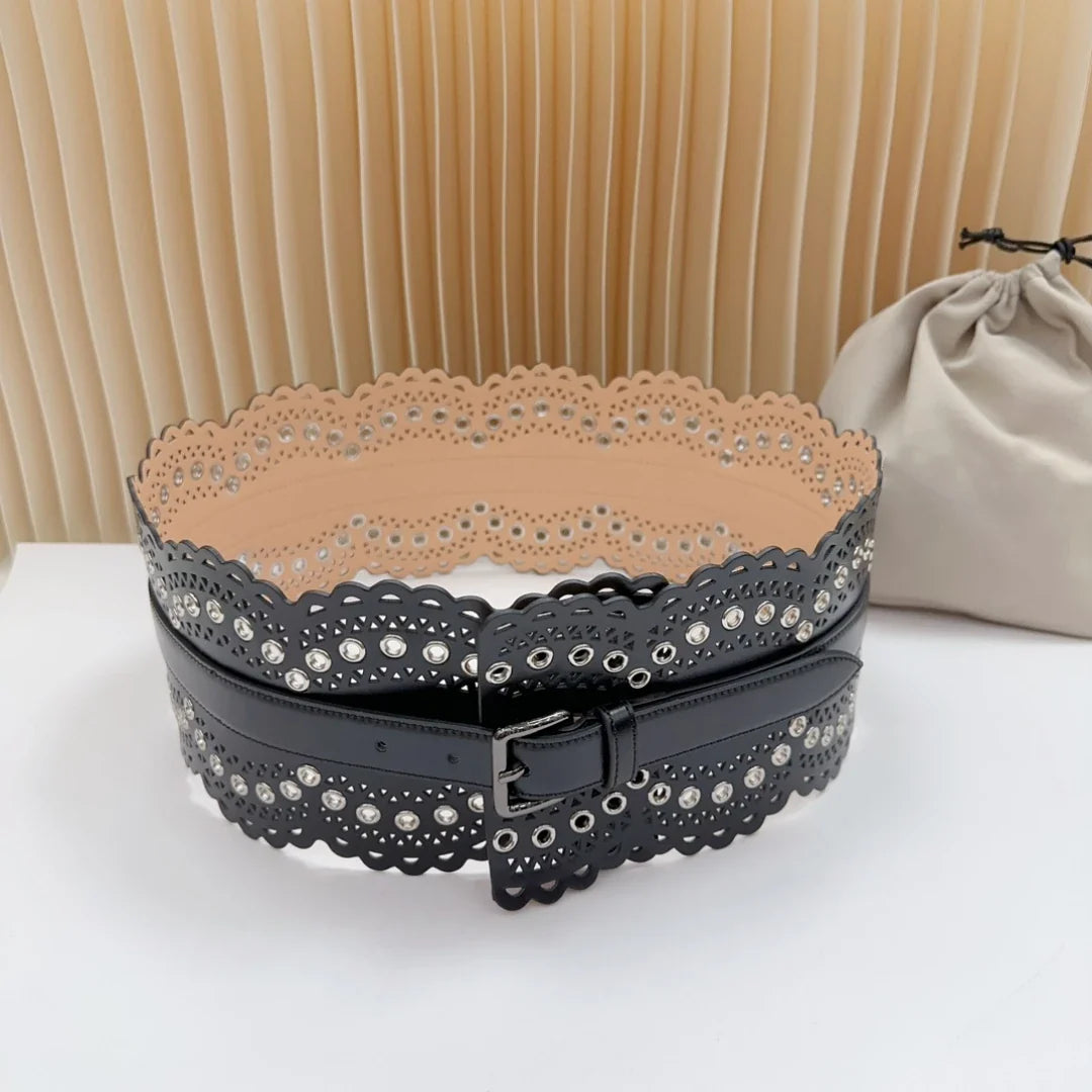 12 CM Wide Hollow Pattern Pin Buckle Waist Belt - Handmade Luxury Accessory