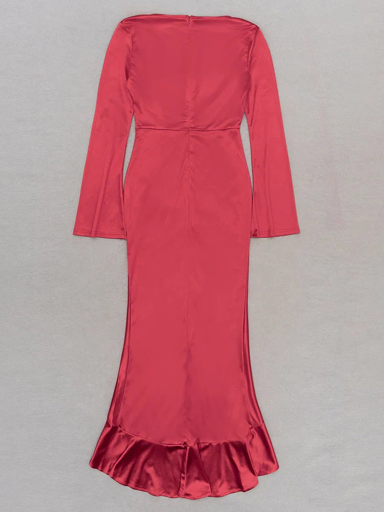 Sexy V-Neck Flare Sleeve Ruched Ruffle Long Dress