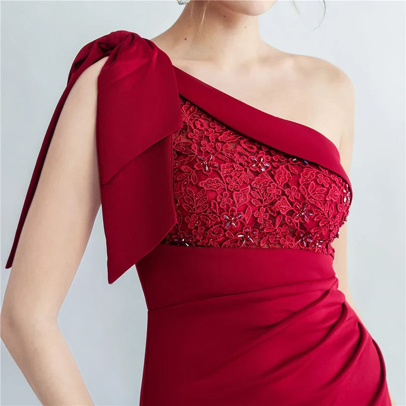 Candy Color Satin One-Shoulder Evening Dress with Slit and Appliques