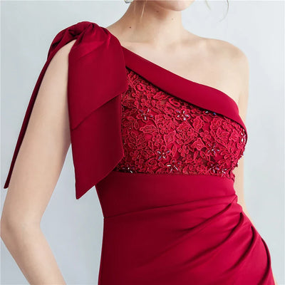 Candy Color Satin One-Shoulder Evening Dress with Slit and Appliques