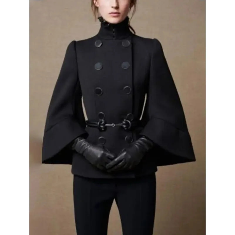 Women's Black High-Neck Buttoned Jacket with Flared Sleeves