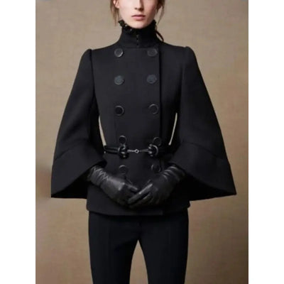 Women's Black High-Neck Buttoned Jacket with Flared Sleeves