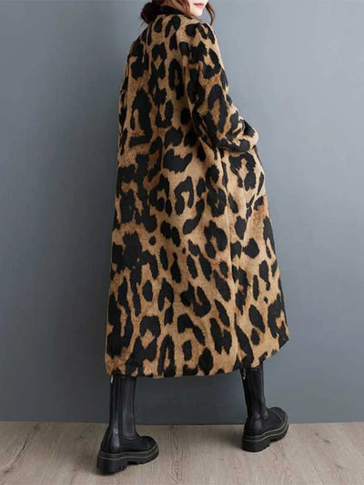 Fashionable Leopard Print Trench Coat | V-Neck, Loose Fit