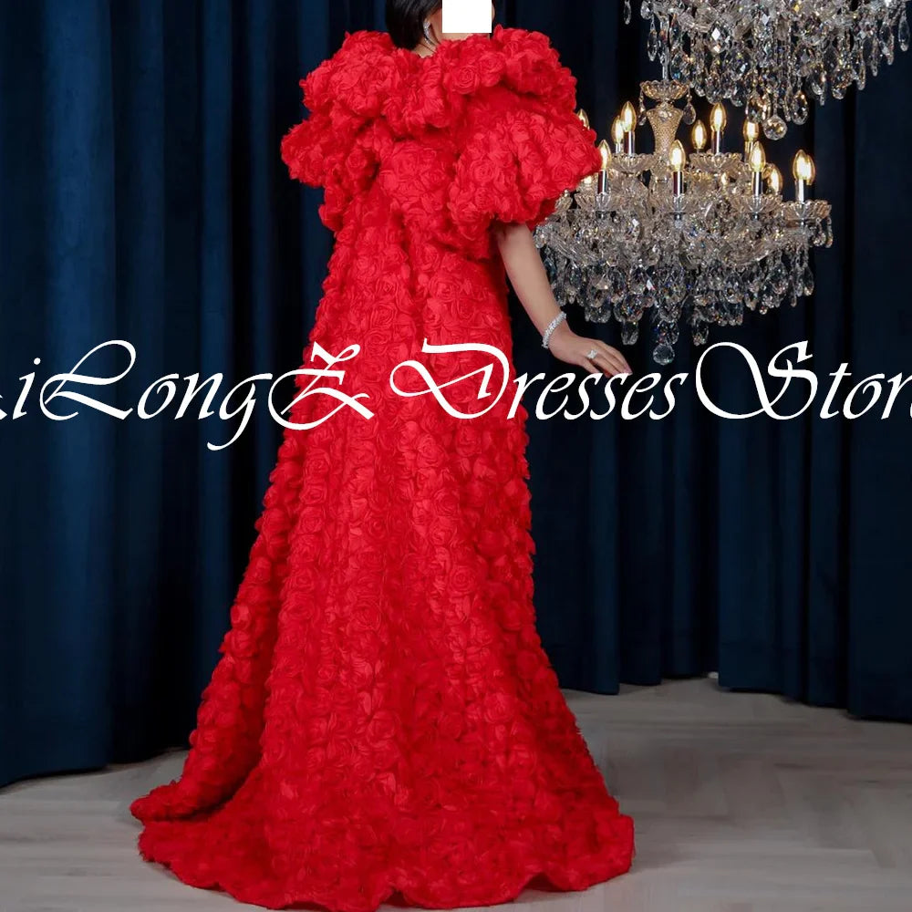 Luxury 3D Flower V-Neck Evening Dress with Sweep Train | Custom Size Available