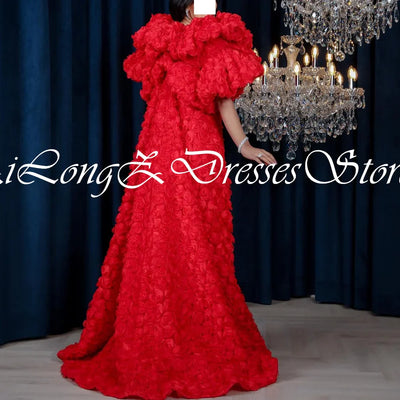 Luxury 3D Flower V-Neck Evening Dress with Sweep Train | Custom Size Available