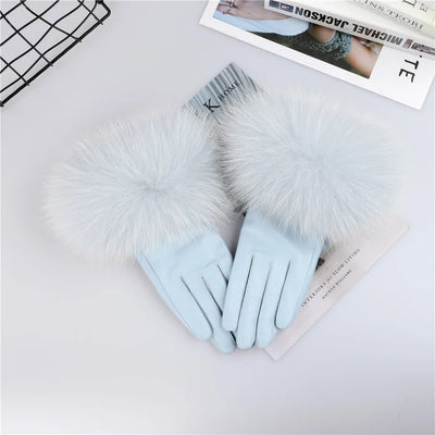 Sheepskin Leather Gloves with Fox Fur Trim – Women's Winter Mittens