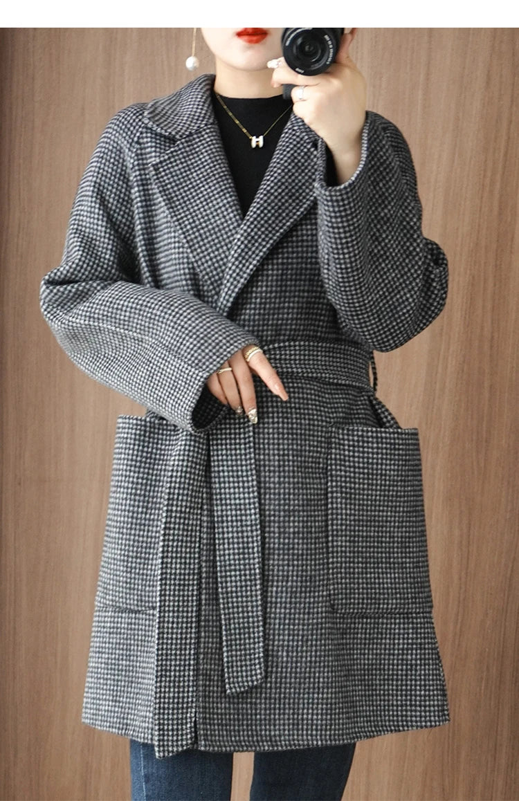 Women Double-Sided Woolen Cashmere Coat with Belt