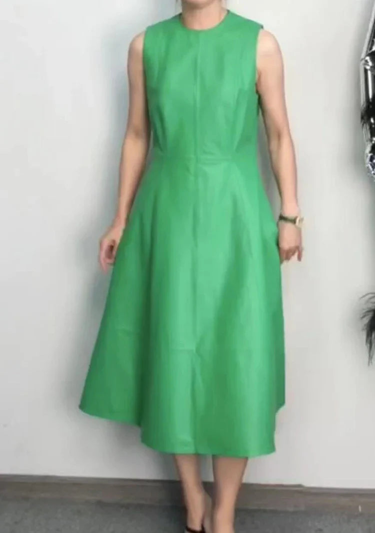 Leather Midi Dress - Sleeveless Pleated Skirt