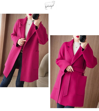 Women Double-Sided Woolen Cashmere Coat with Belt