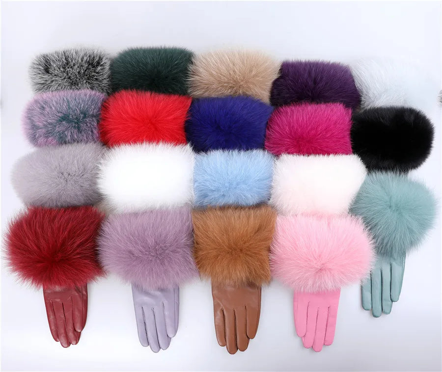 Sheepskin Leather Gloves with Fox Fur Trim – Women's Winter Mittens