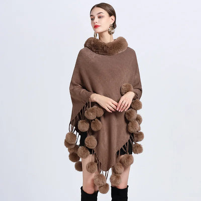 Poncho Scarf with Faux Fur Collar and Fringed Shawl