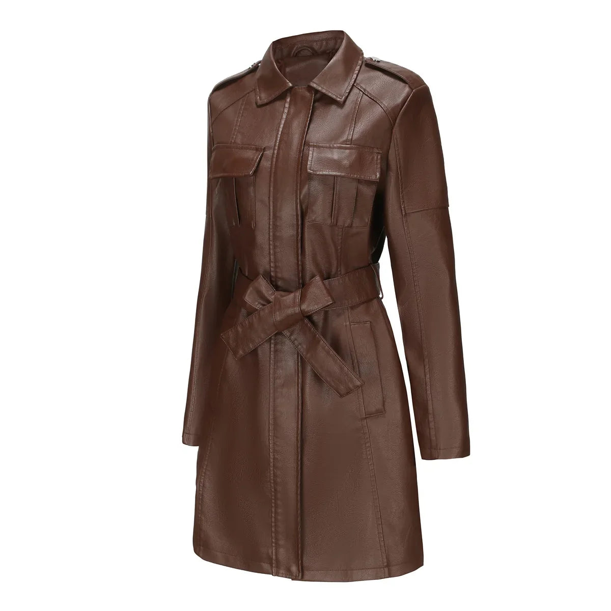 Red PU Leather Waist Lace-Up Long Jacket - Women's Fashion Overcoat